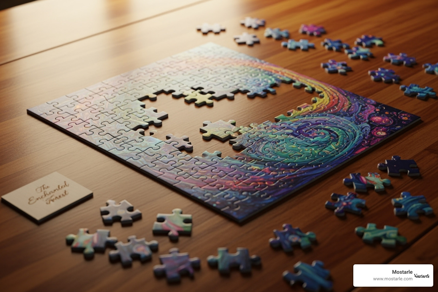 A beautifully designed, artistic jigsaw puzzle spread out on a wooden table - gifts for adult who likes puzzles A beautifully designed, artistic jigsaw puzzle spread out on a wooden table - gifts for adult who likes puzzles