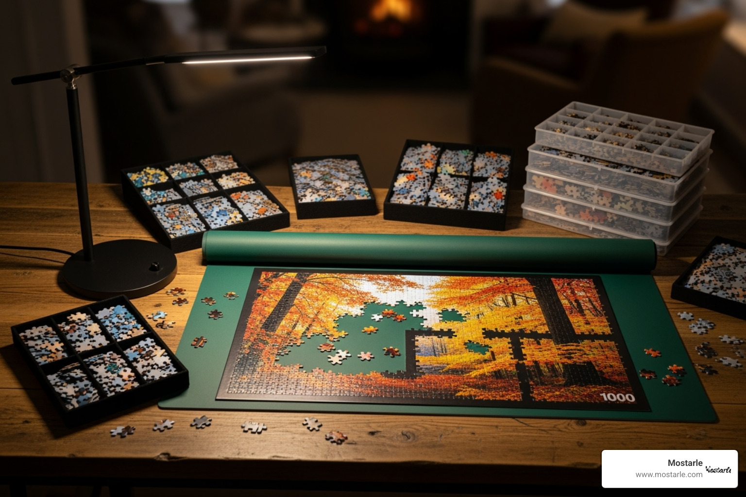 A well-organized puzzling station featuring a mat, sorters, and good lighting - gifts for adult who likes puzzles A well-organized puzzling station featuring a mat, sorters, and good lighting - gifts for adult who likes puzzles