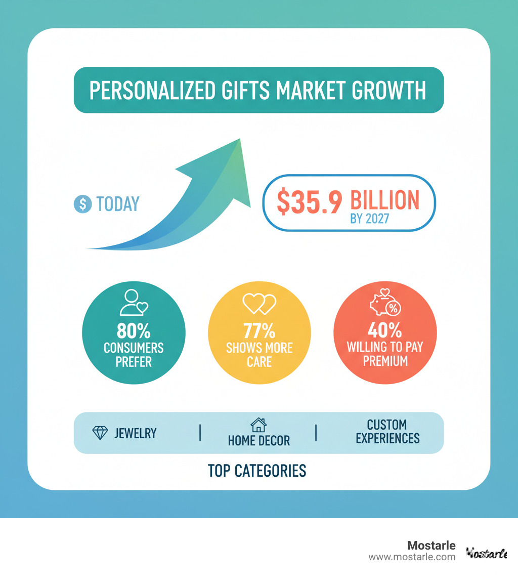 Infographic showing personalized gifts market growth from current levels to $35.9 billion by 2027, with key statistics: 80% of consumers prefer personalized products, 77% believe they show more care, 40% willing to pay premium prices, and top categories being jewelry, home decor, and custom experiences - personalized adult gifts infographic 