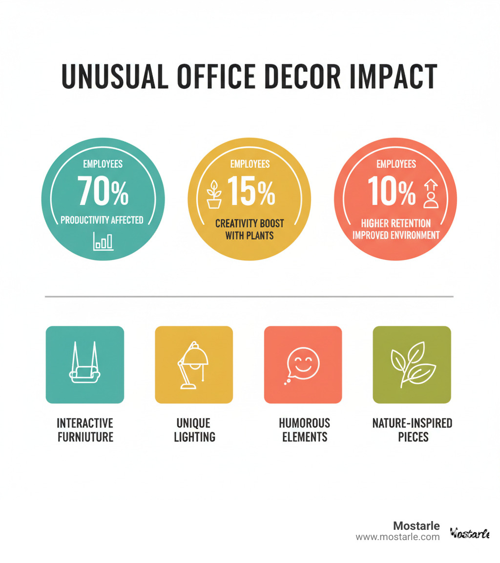 Infographic showing unusual office decor impact: 70% of employees report workspace affects productivity, 15% creativity boost with plants, 10% higher employee retention with improved office environment, and key decor categories including interactive furniture, unique lighting, humorous elements, and nature-inspired pieces - unusual office decor infographic 