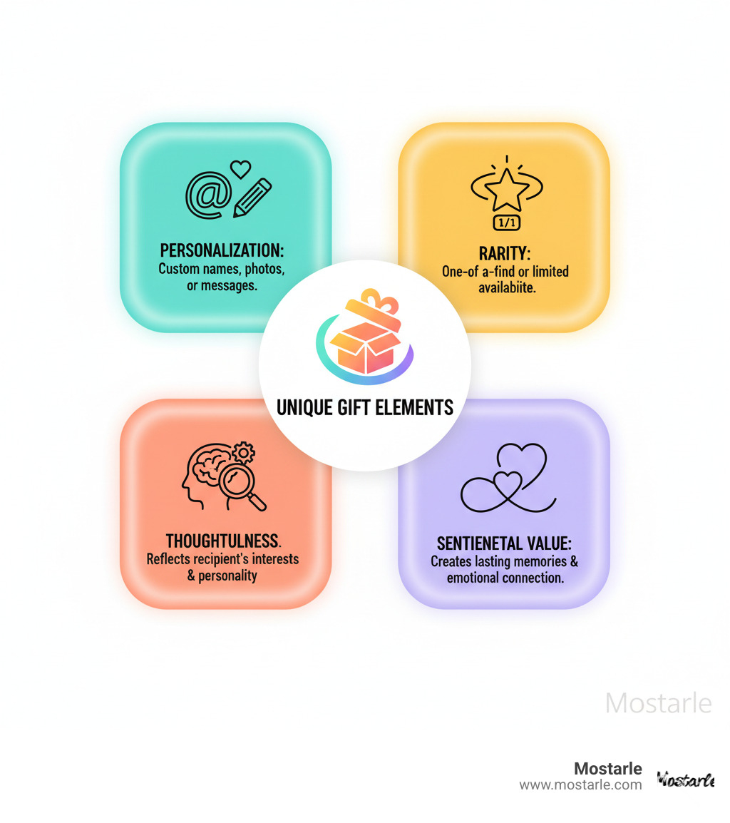 Infographic showing the four key elements that make a gift truly unique: Personalization (custom names, photos, or messages), Rarity (one-of-a-kind or limited availability), Thoughtfulness (reflects recipient's interests and personality), and Sentimental Value (creates lasting memories and emotional connection) - shop unique gifts infographic 