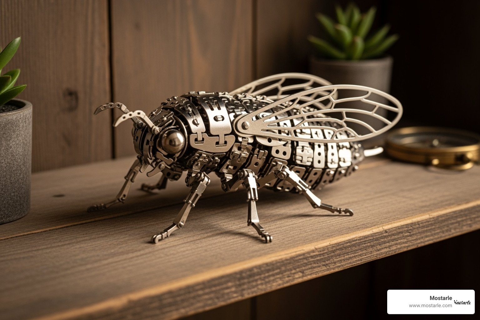 An intricate 3D metal insect puzzle displayed on a shelf - gifts for adult who likes puzzles An intricate 3D metal insect puzzle displayed on a shelf - gifts for adult who likes puzzles