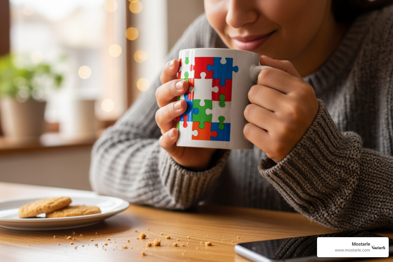 A person drinking from a puzzle-themed mug - gifts for adult who likes puzzles A person drinking from a puzzle-themed mug - gifts for adult who likes puzzles
