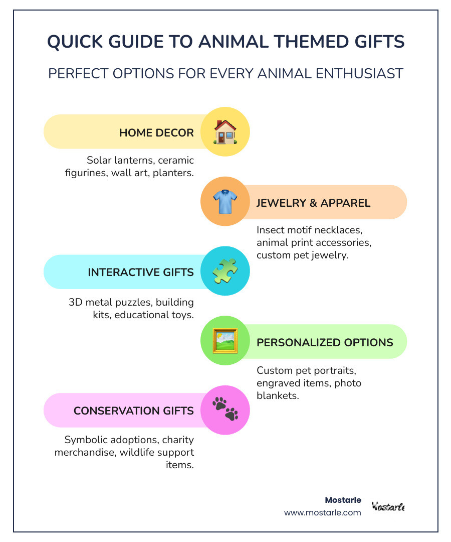 Infographic showing popular animal gift categories including insects like butterflies and dragonflies, woodland creatures such as foxes and owls, marine life including seahorses and fish, and safari animals like elephants and giraffes, with price ranges from $20-200 and occasion suggestions - Animal themed gifts infographic infographic-line-5-steps-colors Infographic showing popular animal gift categories including insects like butterflies and dragonflies, woodland creatures such as foxes and owls, marine life including seahorses and fish, and safari animals like elephants and giraffes, with price ranges from $20-200 and occasion suggestions - Animal themed gifts infographic infographic-line-5-steps-colors