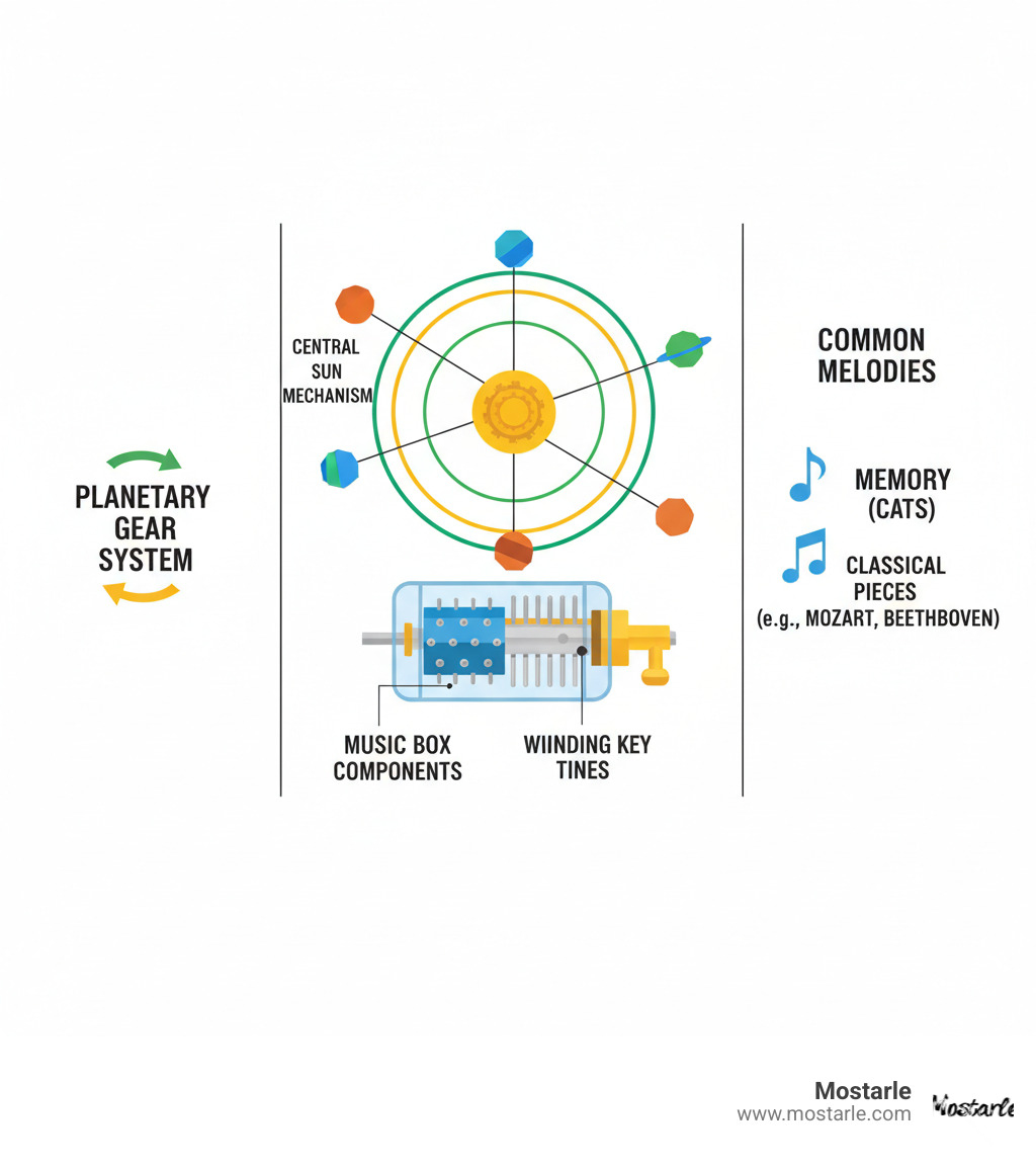 Detailed breakdown of orrery music box components showing planetary gear system with rotating arms around central sun mechanism, traditional music box cylinder with metal tines and winding key assembly, plus common melodies like Memory from Cats and classical pieces - orrery music box infographic Detailed breakdown of orrery music box components showing planetary gear system with rotating arms around central sun mechanism, traditional music box cylinder with metal tines and winding key assembly, plus common melodies like Memory from Cats and classical pieces - orrery music box infographic