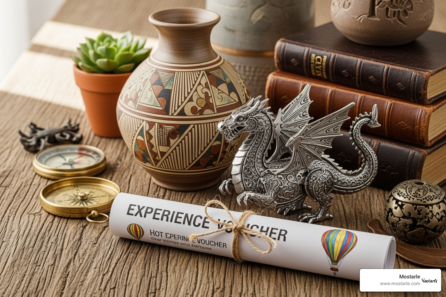 curated collection of unique items like handcrafted pottery, a Mostarle 3D puzzle, and an experience voucher - one-of-a-kind presents