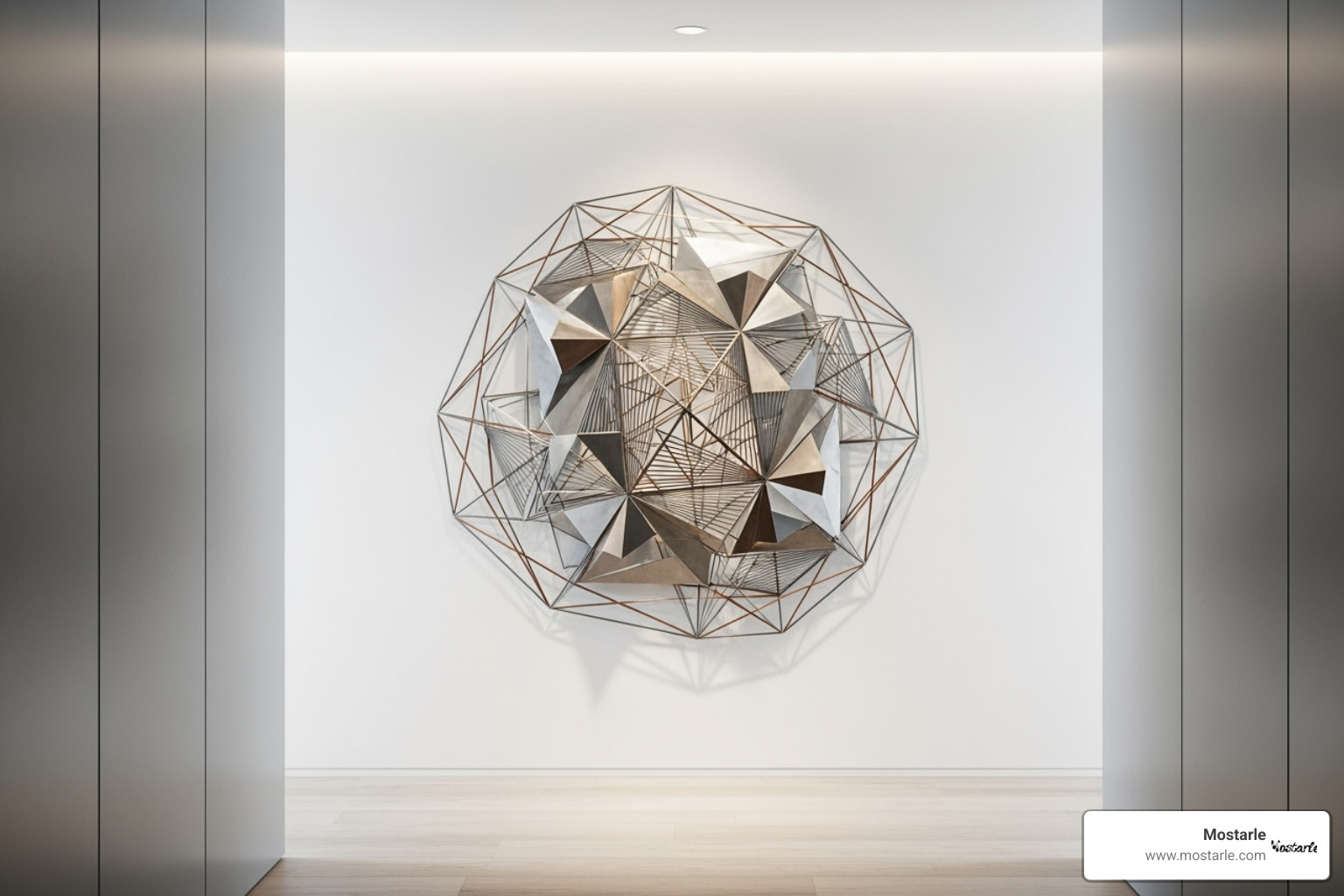 large, geometric metal wall art piece in a minimalist hallway - Metal art home decor