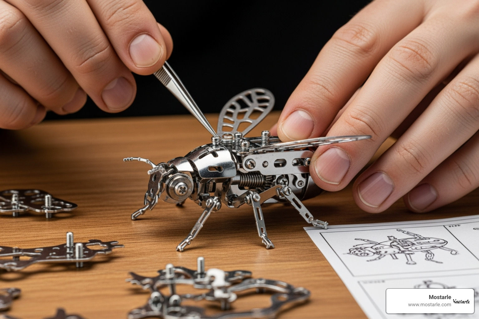 person assembling a complex 3D metal insect puzzle - unique gifts for adults who like puzzles person assembling a complex 3D metal insect puzzle - unique gifts for adults who like puzzles