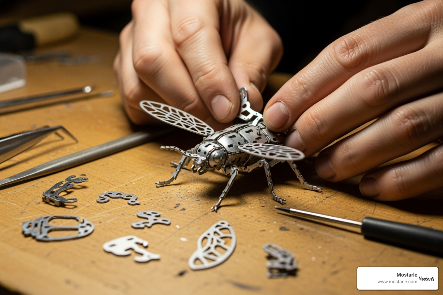 Someone assembling an intricate 3D metal insect puzzle. - Animal themed gifts Someone assembling an intricate 3D metal insect puzzle. - Animal themed gifts