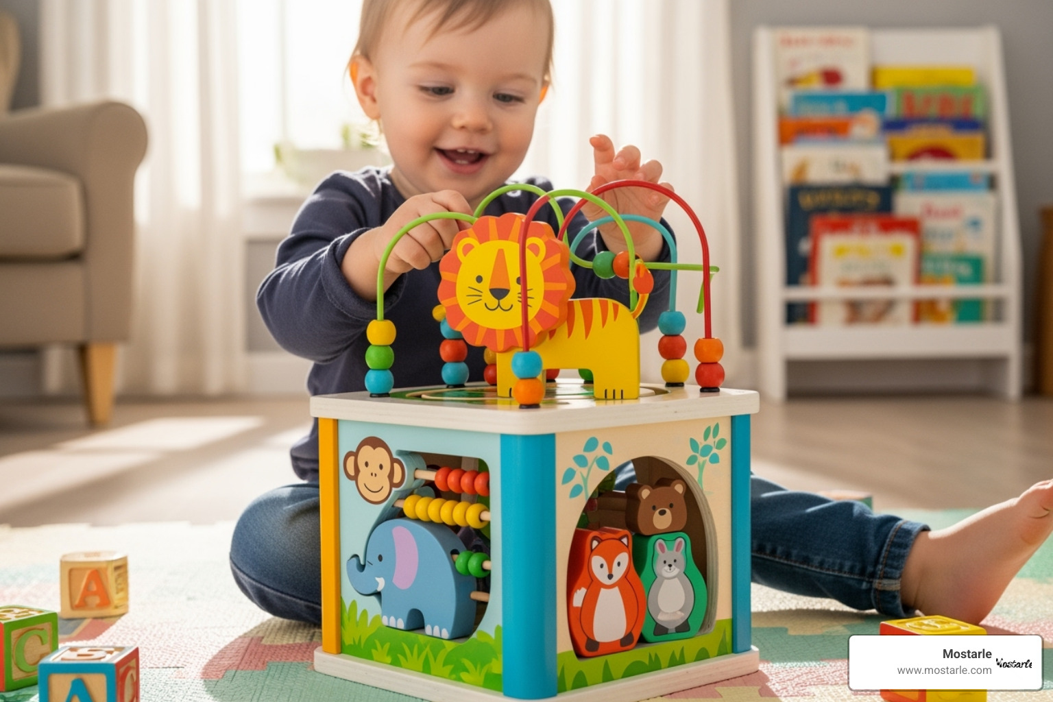 A child happily playing with a colorful animal-themed educational toy. - Animal themed gifts A child happily playing with a colorful animal-themed educational toy. - Animal themed gifts