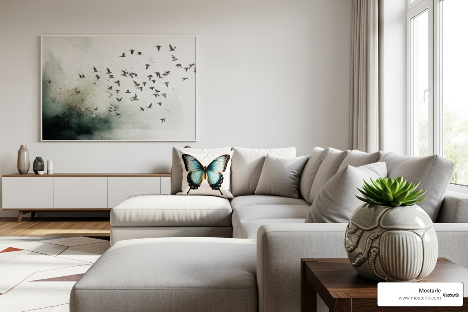 A stylish living room featuring a subtle animal theme with a butterfly print cushion, a bird-themed art print, and a ceramic insect planter. - Animal themed gifts A stylish living room featuring a subtle animal theme with a butterfly print cushion, a bird-themed art print, and a ceramic insect planter. - Animal themed gifts