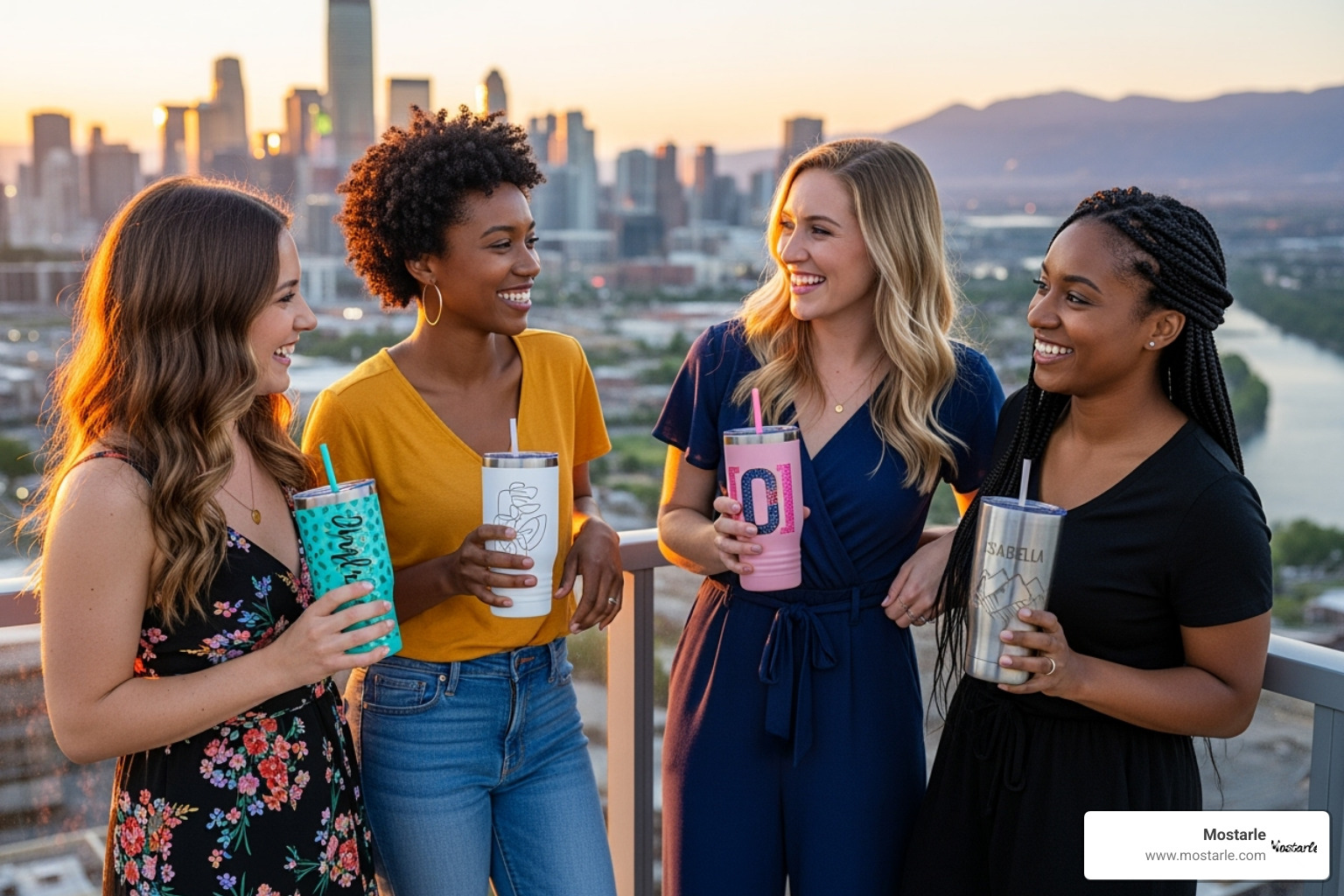 A group of friends holding personalized tumblers on a balcony - unique bachelorette party gifts A group of friends holding personalized tumblers on a balcony - unique bachelorette party gifts