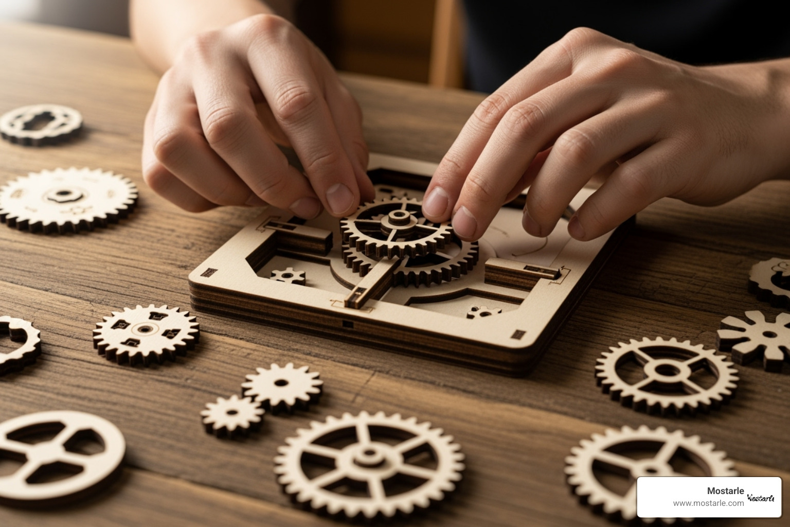 someone assembling a wooden puzzle - perpetual calendar mechanical gears