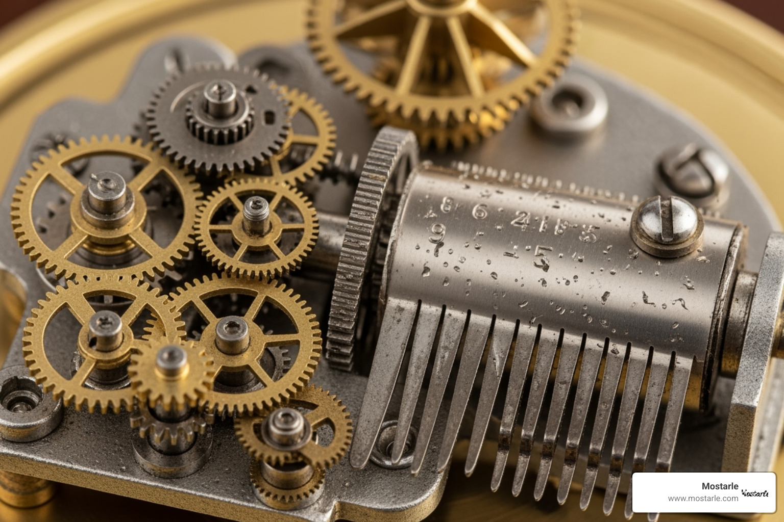 close-up shot showing the intricate gear train and music box comb of a model - orrery music box close-up shot showing the intricate gear train and music box comb of a model - orrery music box
