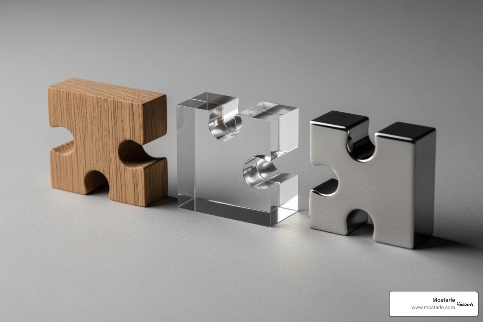 side-by-side of a wooden, an acrylic, and a metal puzzle piece - orrery music box side-by-side of a wooden, an acrylic, and a metal puzzle piece - orrery music box