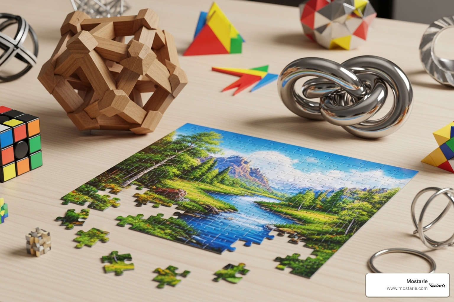 A diverse collection of puzzles: a 3D wooden model, a colorful jigsaw, and a metal brain teaser - puzzle presents for adults