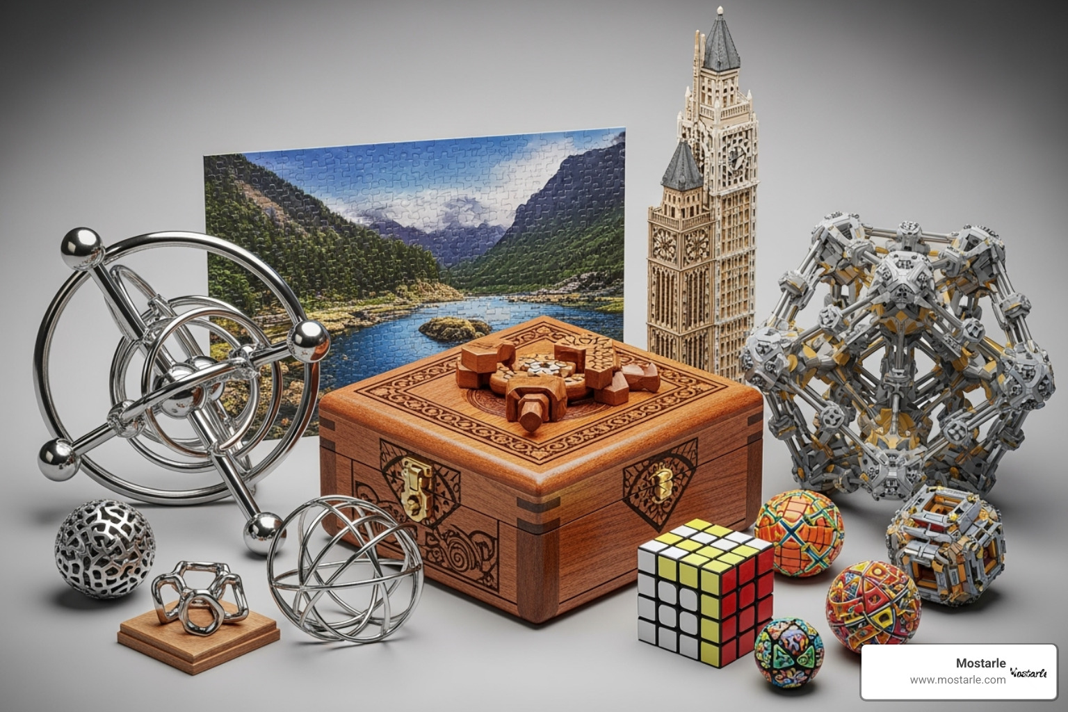collection of different puzzle types like a wooden puzzle box, a metal dismess puzzle, and a 3D puzzle - unique gifts for adults who like puzzles collection of different puzzle types like a wooden puzzle box, a metal dismess puzzle, and a 3D puzzle - unique gifts for adults who like puzzles