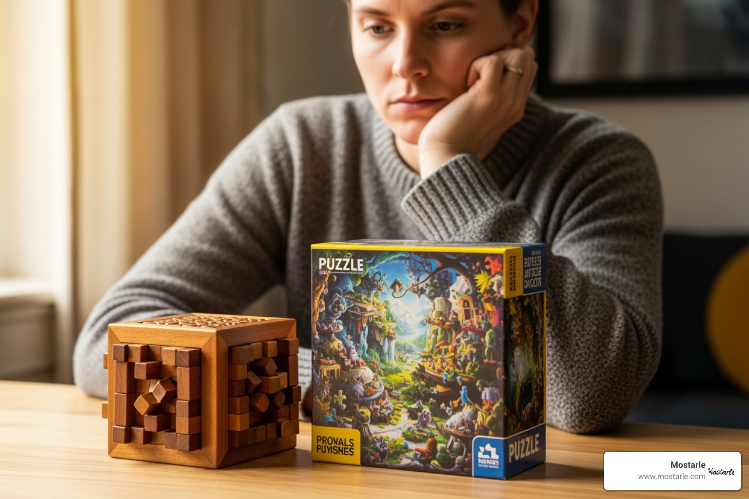 A person looking thoughtfully at two different puzzle boxes - puzzle presents for adults