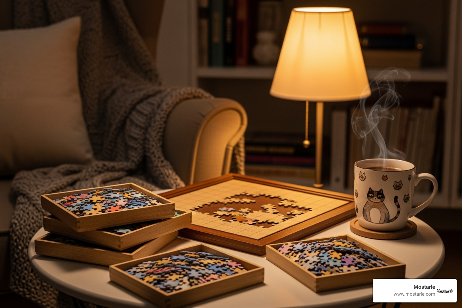 cozy puzzling corner with a puzzle board, sorting trays, and a themed mug - unique gifts for adults who like puzzles cozy puzzling corner with a puzzle board, sorting trays, and a themed mug - unique gifts for adults who like puzzles