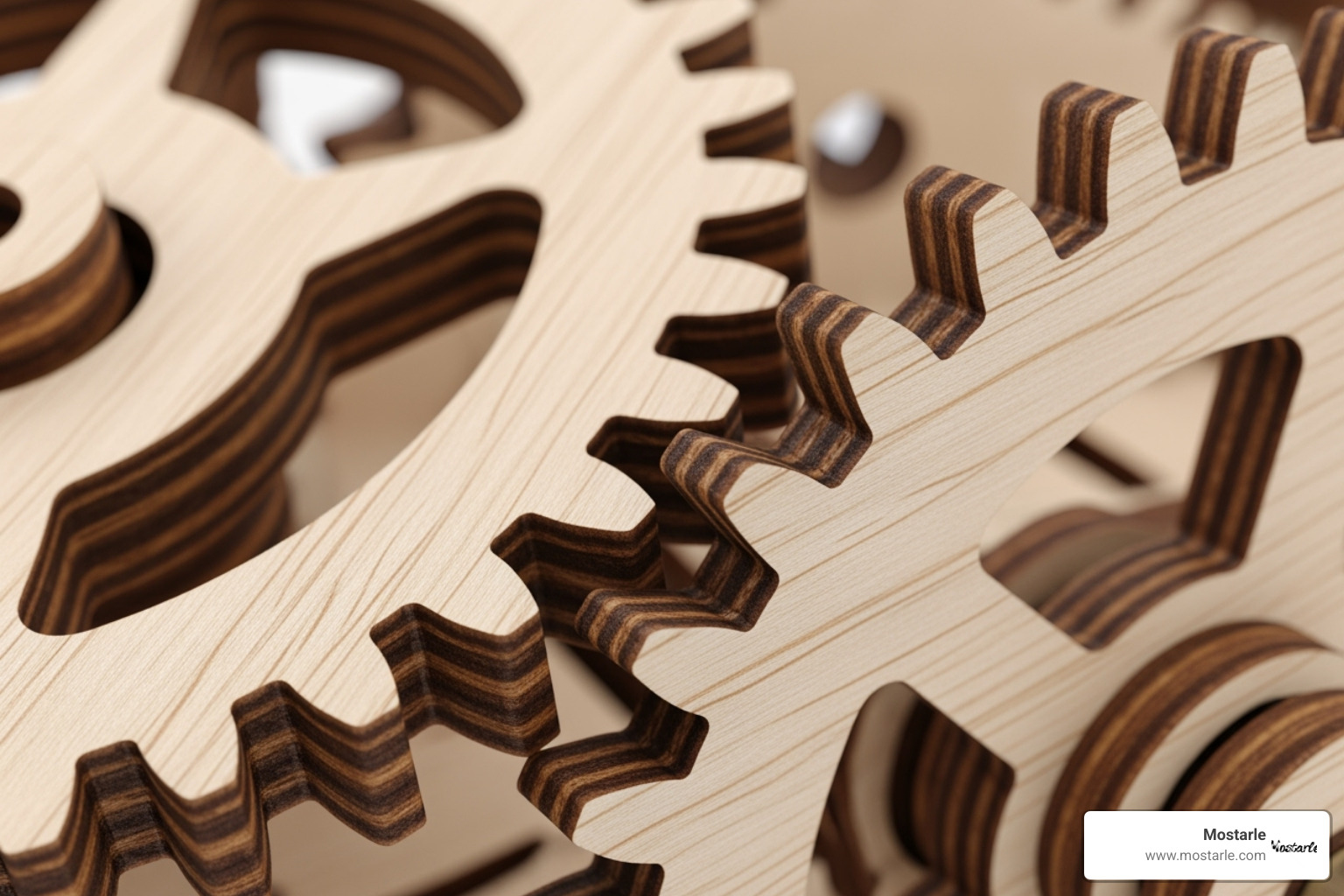 a close-up of interlocking wooden gears from a puzzle - perpetual calendar mechanical gears
