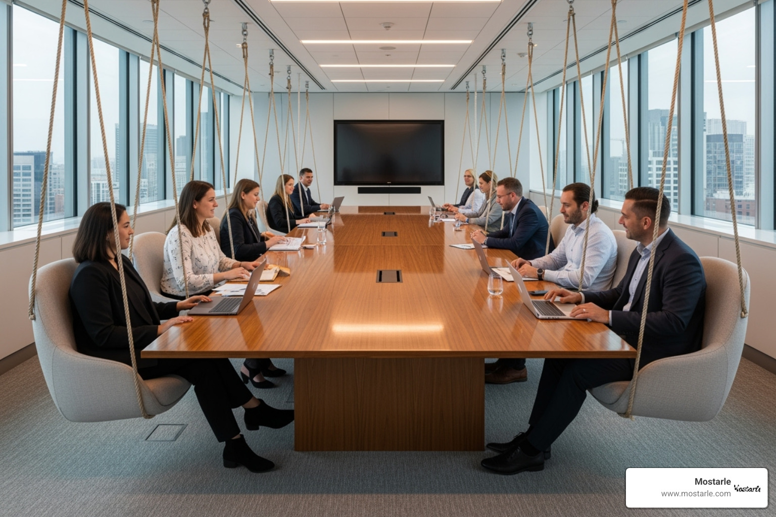 office meeting room with a large swing set table - unusual office decor