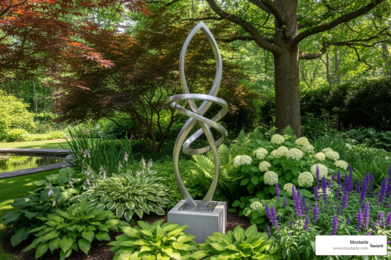 modern freestanding metal sculpture in a garden - Metal art home decor