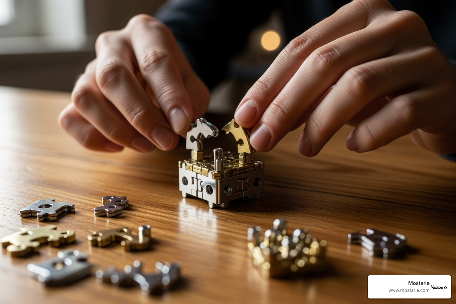 Someone assembling a complex 3D metal puzzle - gifts for artists