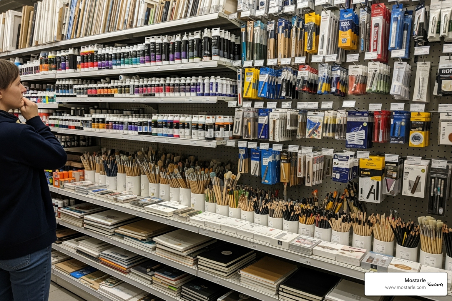 A person thoughtfully looking at different art supplies in a store - gifts for artists