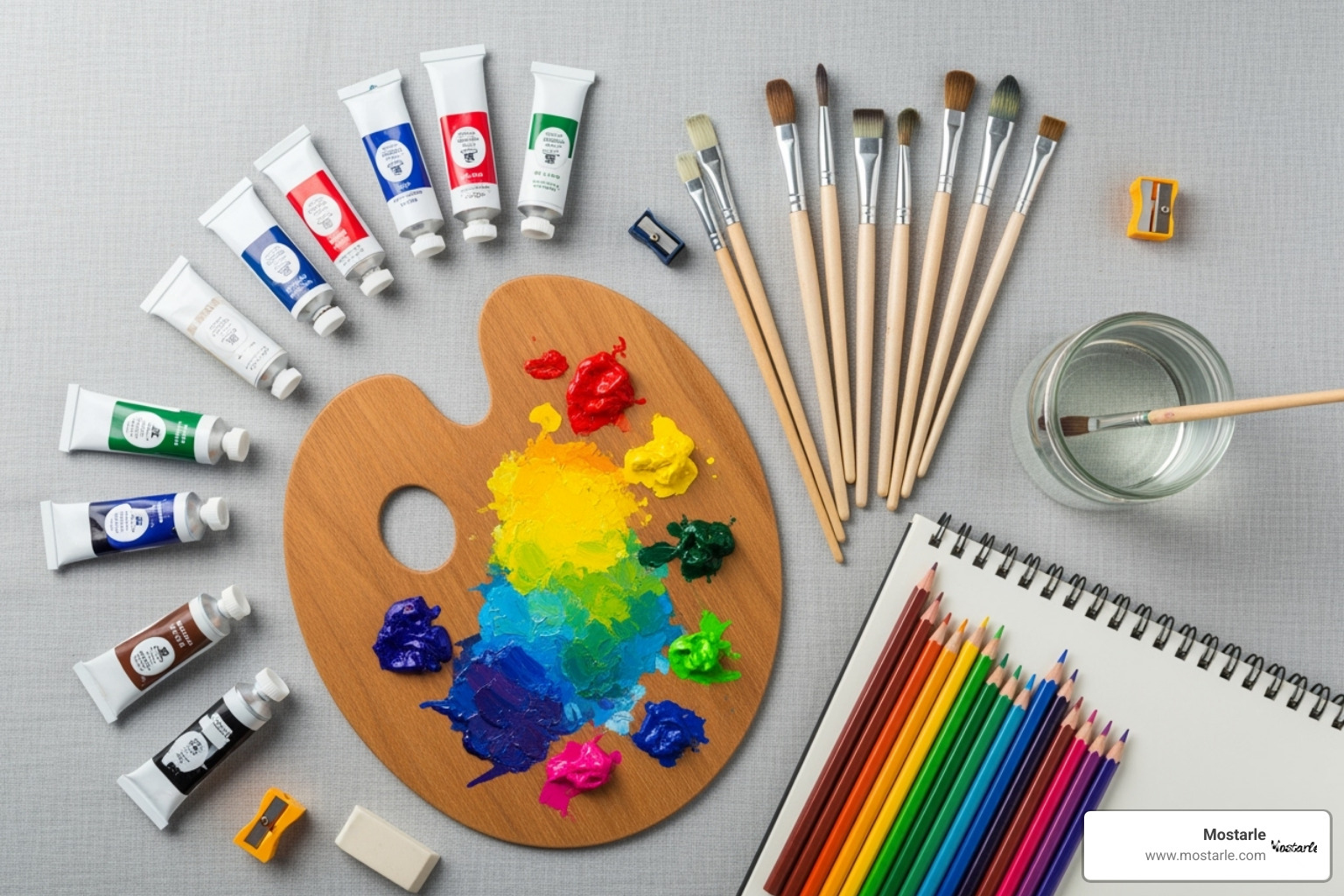 A flat lay of various art supplies like paints, brushes, and pencils - gifts for artists
