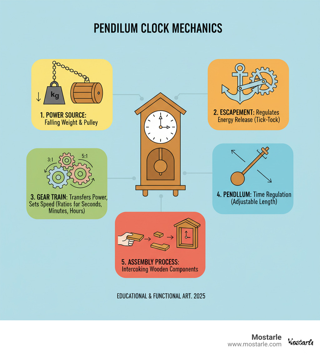 Infographic showing the basic components of a weight-driven pendulum clock including power source, escapement mechanism, gear train with ratios, pendulum regulation system, and assembly process - mechanical gears 3d wooden puzzle clock infographic Infographic showing the basic components of a weight-driven pendulum clock including power source, escapement mechanism, gear train with ratios, pendulum regulation system, and assembly process - mechanical gears 3d wooden puzzle clock infographic