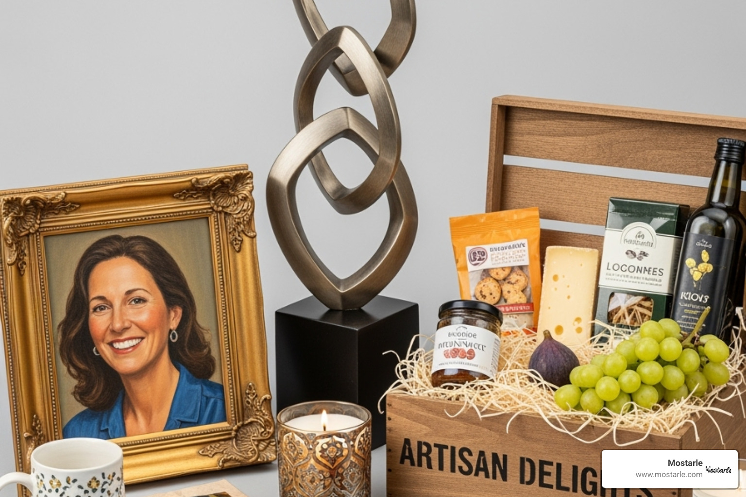 collection of diverse unique gifts, including a metal sculpture, a custom portrait, and a gourmet food box - shop unique gifts