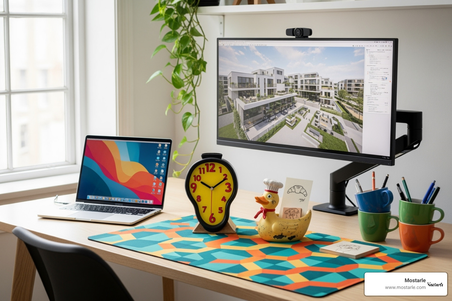 curated desk setup featuring several quirky accessories - unusual office decor