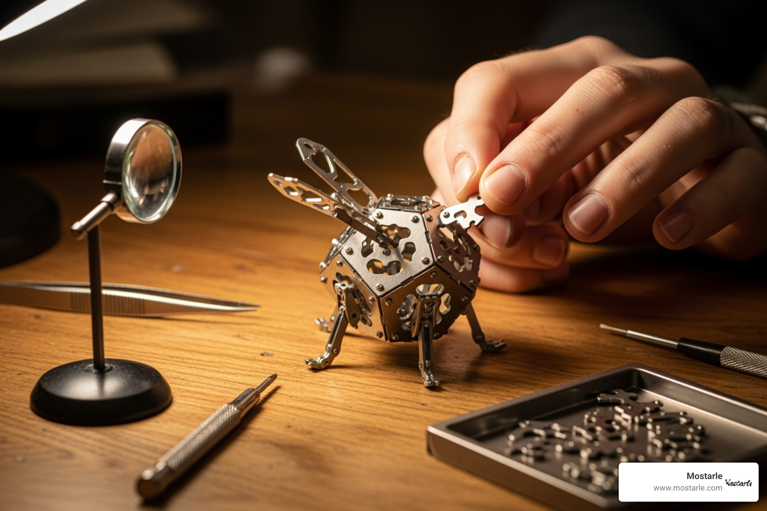 person assembling a Mostarle 3D metal puzzle - personalized adult gifts