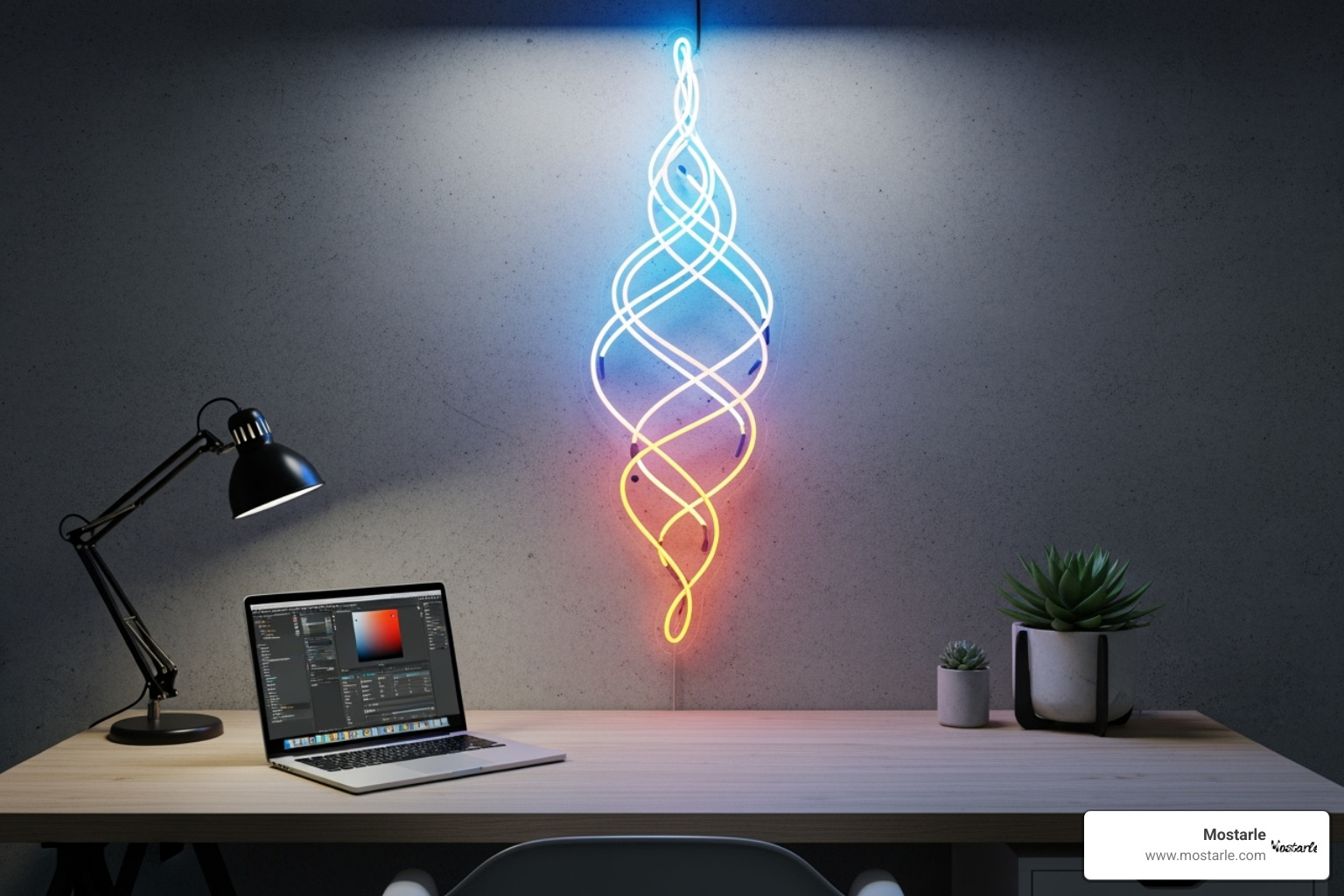 custom light fixture or lamp with a motivational phrase above a desk - unusual office decor