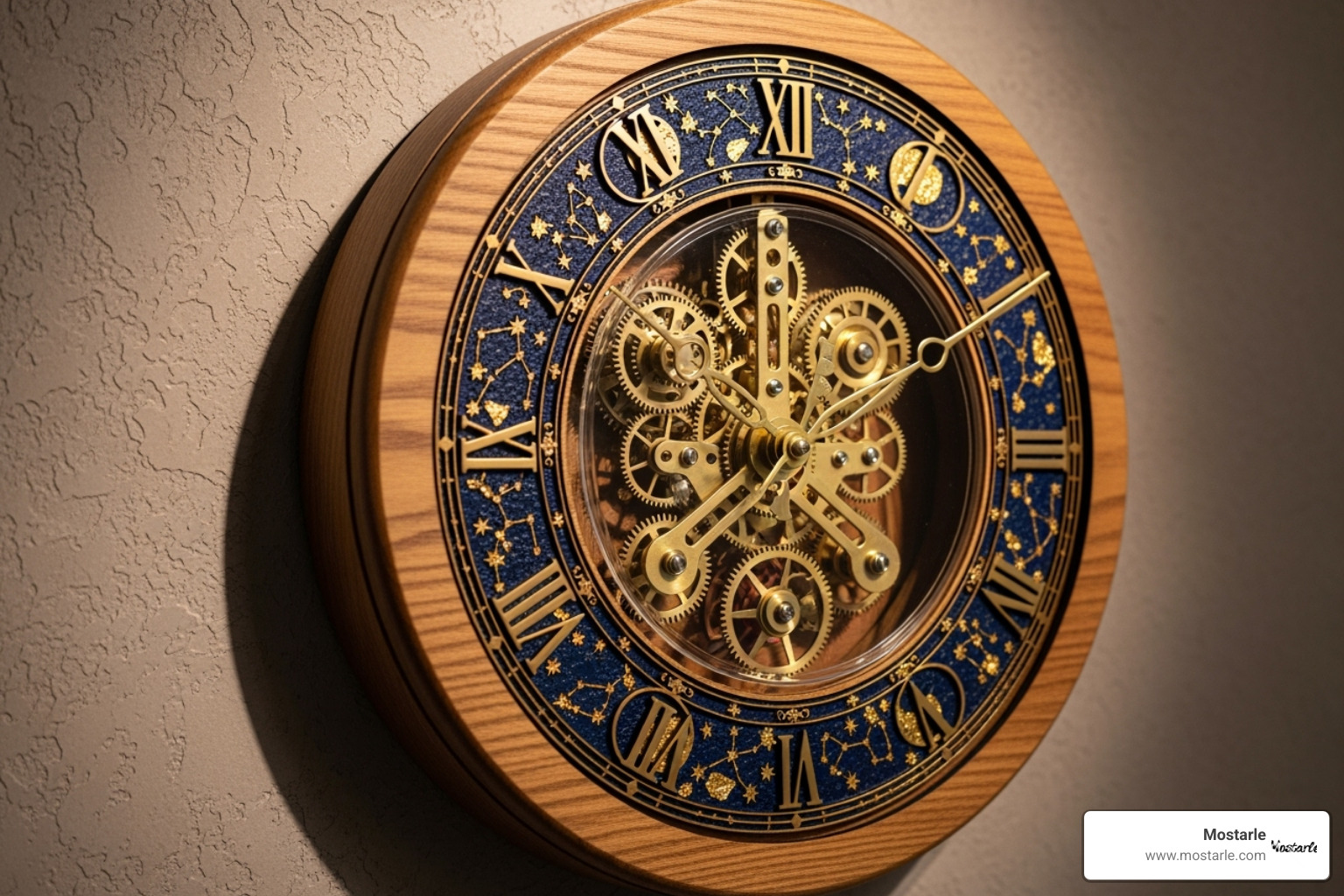 A detailed Mostarle wooden wall clock with visible gears and intricate celestial patterns - mechanical gears 3d wooden puzzle clock A detailed Mostarle wooden wall clock with visible gears and intricate celestial patterns - mechanical gears 3d wooden puzzle clock