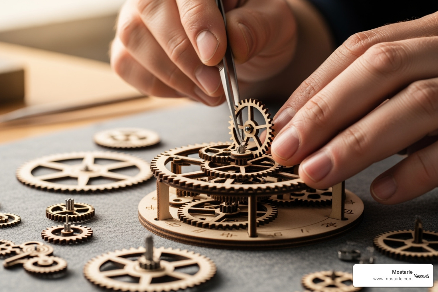 Hands carefully assembling the intricate wooden gears of a Mostarle mechanical clock - mechanical gears 3d wooden puzzle clock Hands carefully assembling the intricate wooden gears of a Mostarle mechanical clock - mechanical gears 3d wooden puzzle clock