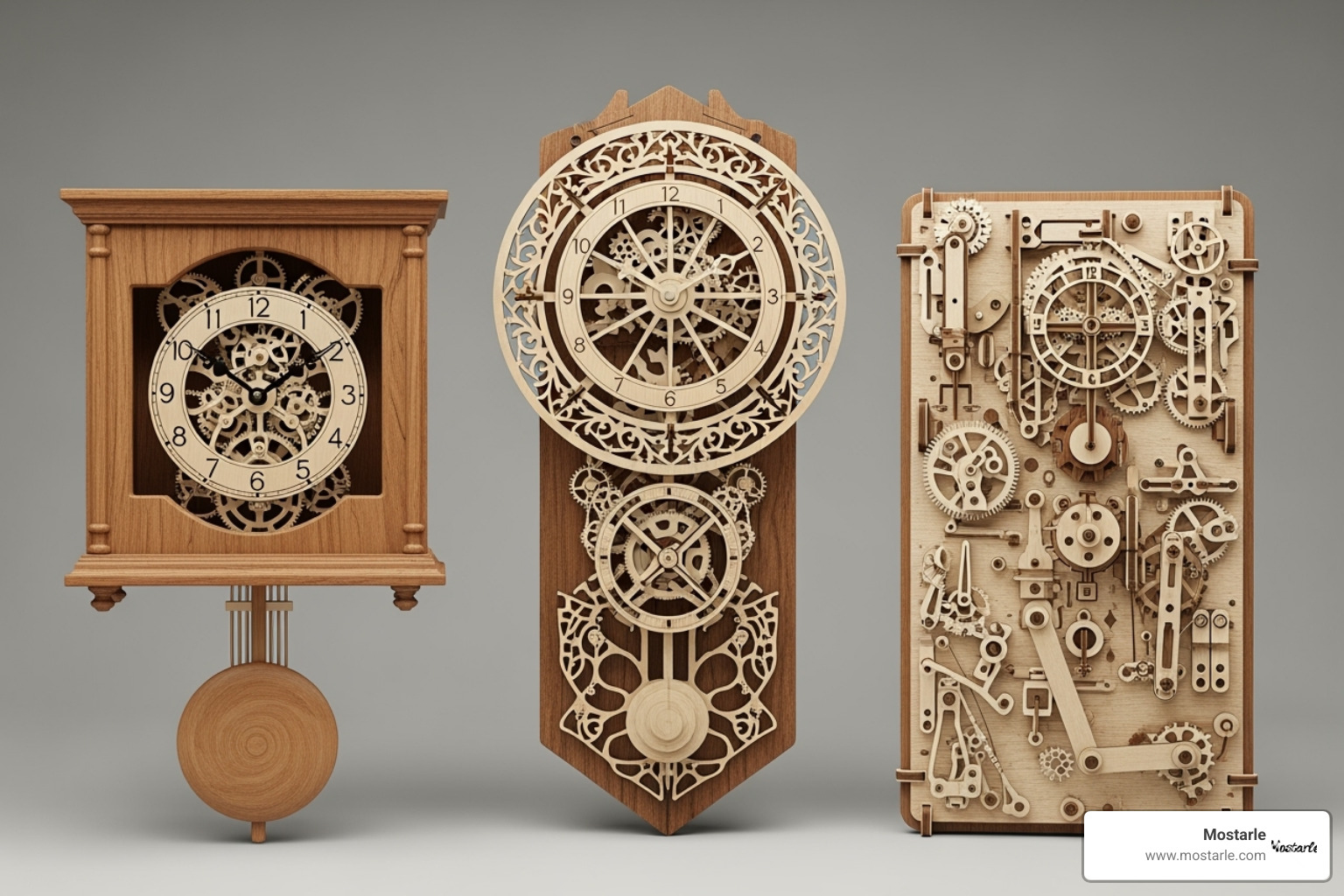 Three different styles of Mostarle wooden clocks side-by-side: a classic pendulum clock, an intricate wall clock, and a modular mechanism kit - mechanical gears 3d wooden puzzle clock Three different styles of Mostarle wooden clocks side-by-side: a classic pendulum clock, an intricate wall clock, and a modular mechanism kit - mechanical gears 3d wooden puzzle clock