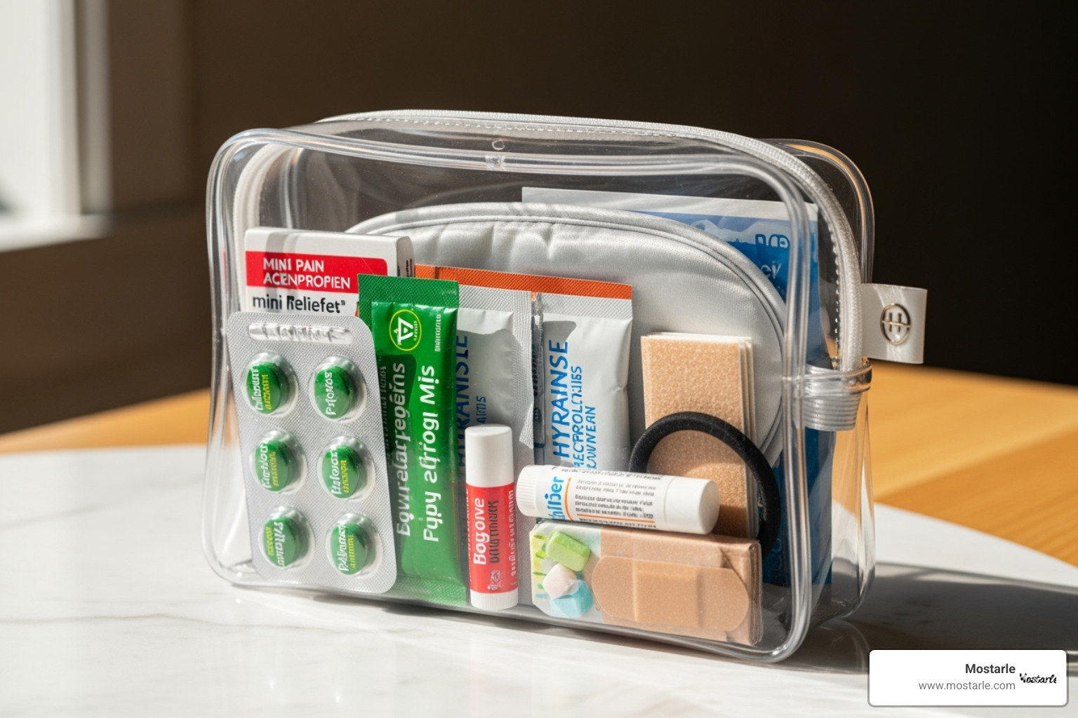 A well-stocked, stylish hangover kit displayed in a clear pouch - unique bachelorette party gifts A well-stocked, stylish hangover kit displayed in a clear pouch - unique bachelorette party gifts