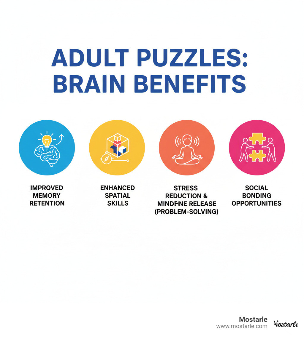 Infographic showing cognitive benefits of adult puzzles including improved memory retention, improved spatial skills, stress reduction through mindfulness, dopamine release from problem-solving, and social bonding opportunities - best puzzles for adults infographic 