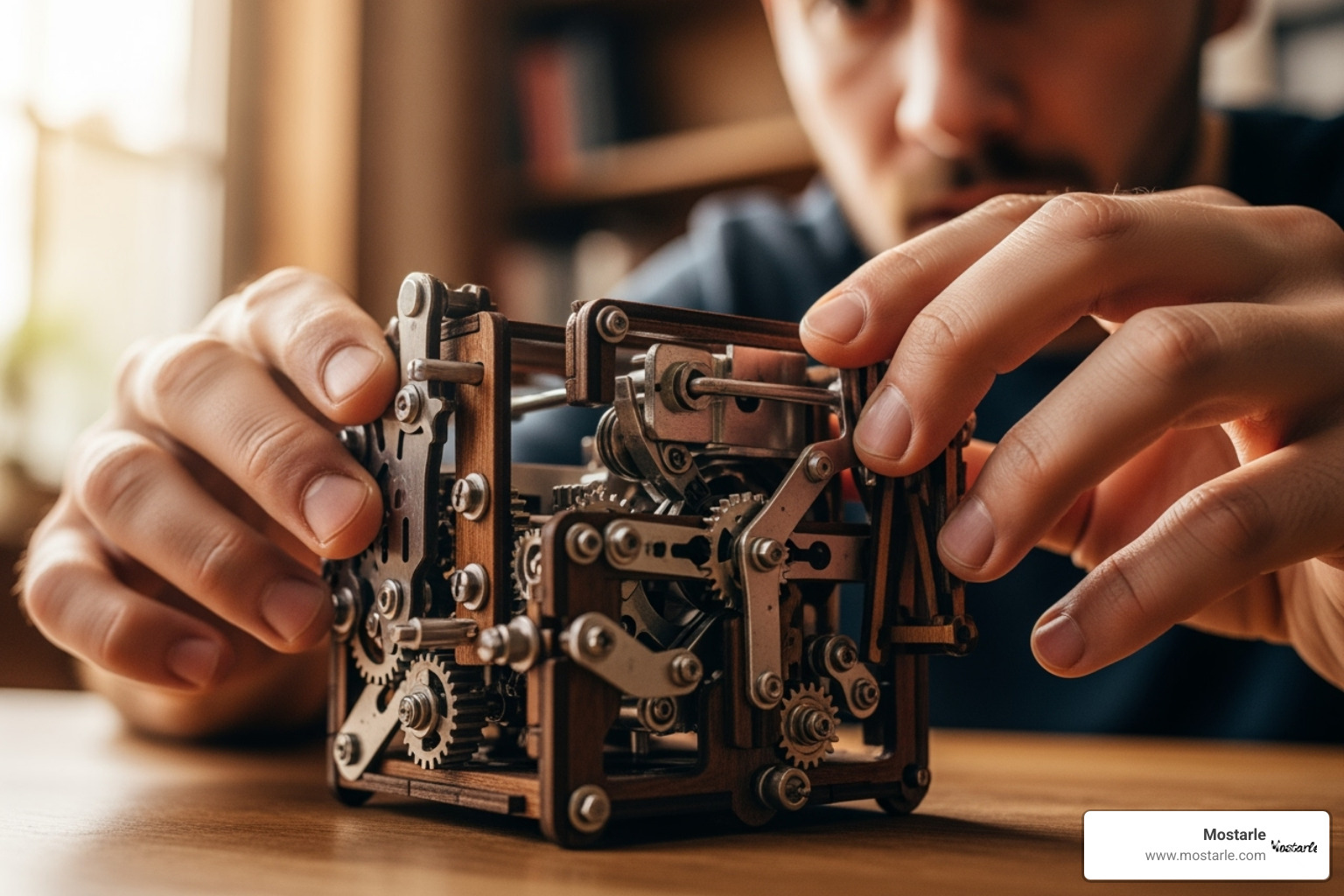 person engaged with a complex mechanical puzzle - handmade artisan gifts