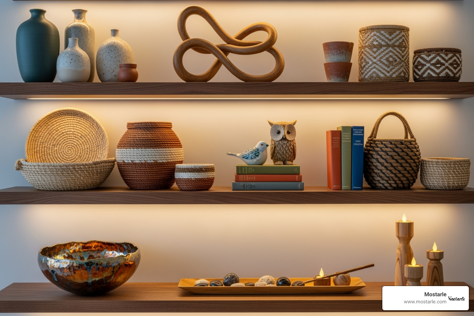 stylishly decorated room shelf with artisan items - handmade artisan gifts