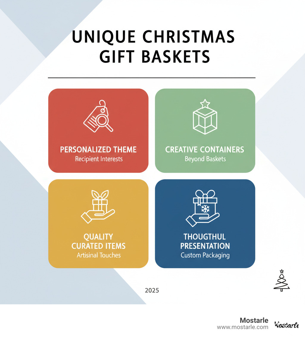 Infographic showing the four key elements of unique Christmas gift baskets: personalized theme selection based on recipient interests, creative container choices beyond traditional baskets, quality curated items with artisanal touches, and thoughtful presentation with custom packaging - unique christmas gift baskets infographic 