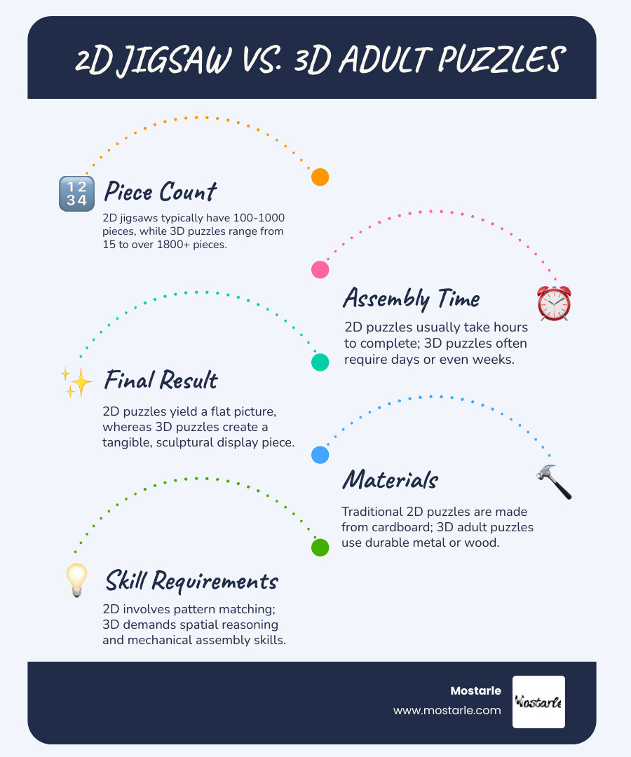Infographic comparing 2D jigsaw puzzles versus 3D adult puzzles, showing piece count differences (100-1000 pieces for 2D vs 15-1800+ pieces for 3D), assembly time (hours vs days/weeks), final result (flat picture vs sculptural display piece), materials (cardboard vs metal/wood), and skill requirements (pattern matching vs spatial reasoning and mechanical assembly) - 3d adult puzzle infographic infographic-line-5-steps-blues-accent_colors Infographic comparing 2D jigsaw puzzles versus 3D adult puzzles, showing piece count differences (100-1000 pieces for 2D vs 15-1800+ pieces for 3D), assembly time (hours vs days/weeks), final result (flat picture vs sculptural display piece), materials (cardboard vs metal/wood), and skill requirements (pattern matching vs spatial reasoning and mechanical assembly) - 3d adult puzzle infographic infographic-line-5-steps-blues-accent_colors