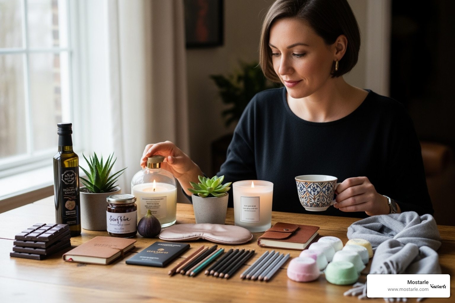 person looking thoughtfully at a selection of gift basket items - unique christmas gift baskets