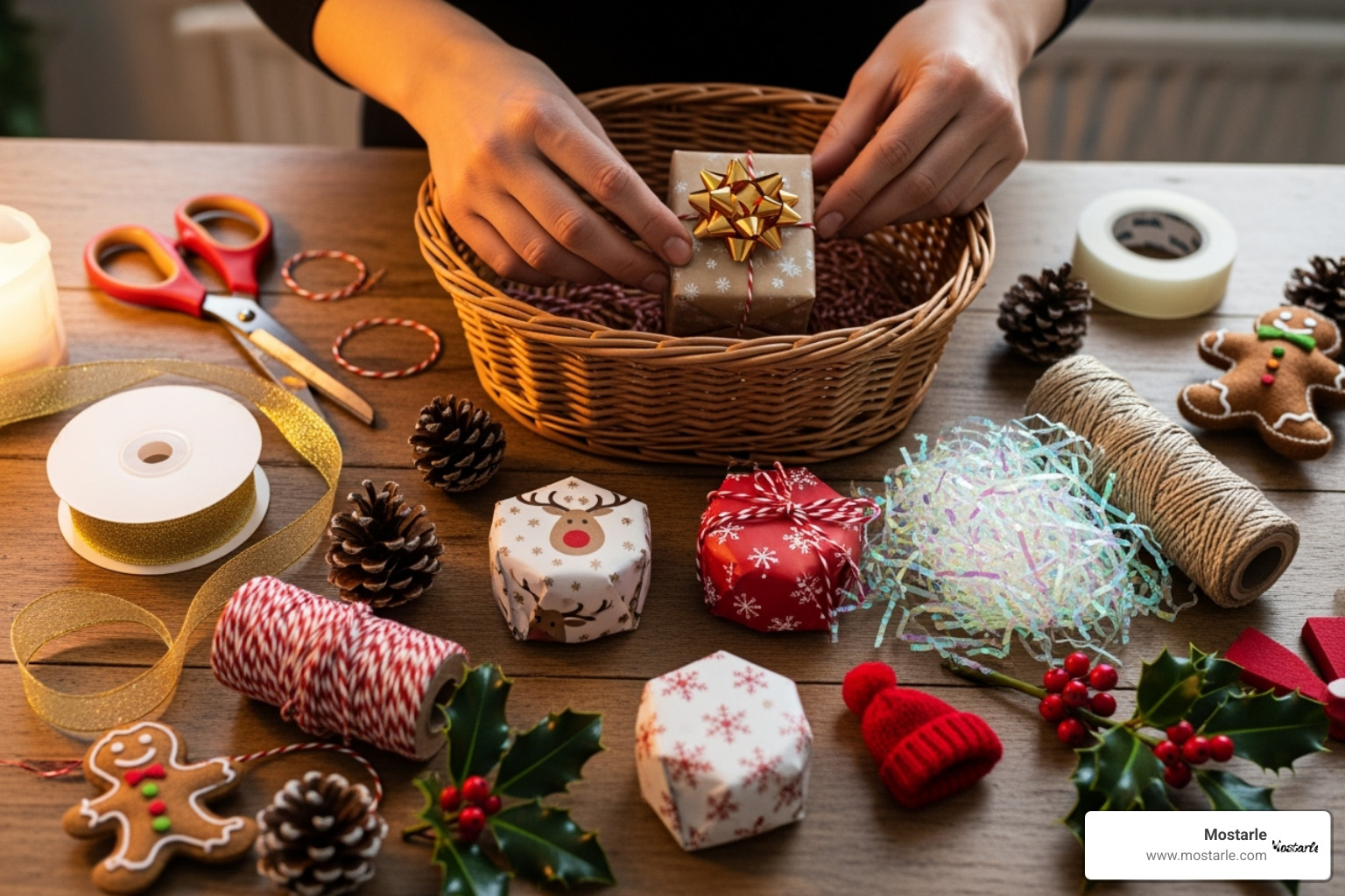 someone assembling a DIY gift basket with creative items - unique christmas gift baskets