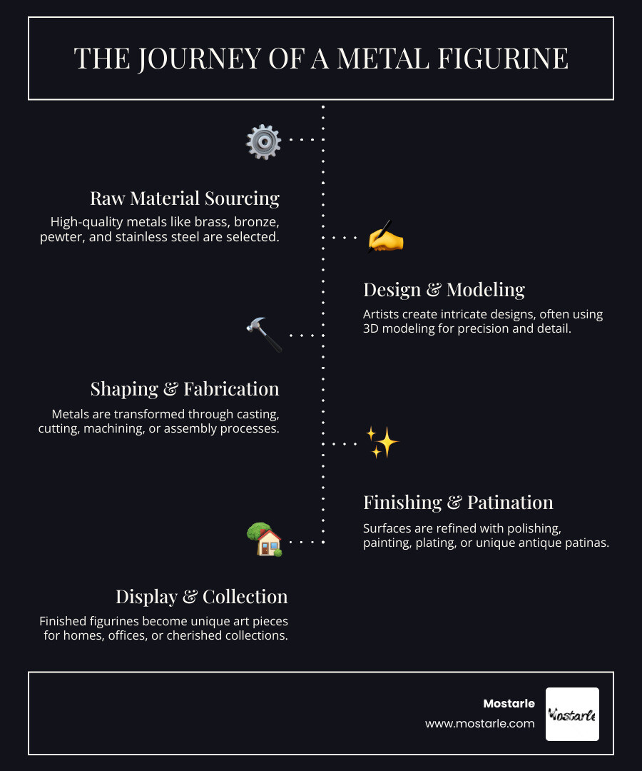 Comprehensive infographic showing the journey of metal figurines from raw materials (brass, bronze, pewter sheets) through manufacturing processes (casting, cutting, assembly) to finished collectibles displayed on shelves, including popular categories like animals, fantasy characters, and architectural models with price ranges from $6.99 to $169.98 - metal figurines infographic infographic-line-5-steps-dark