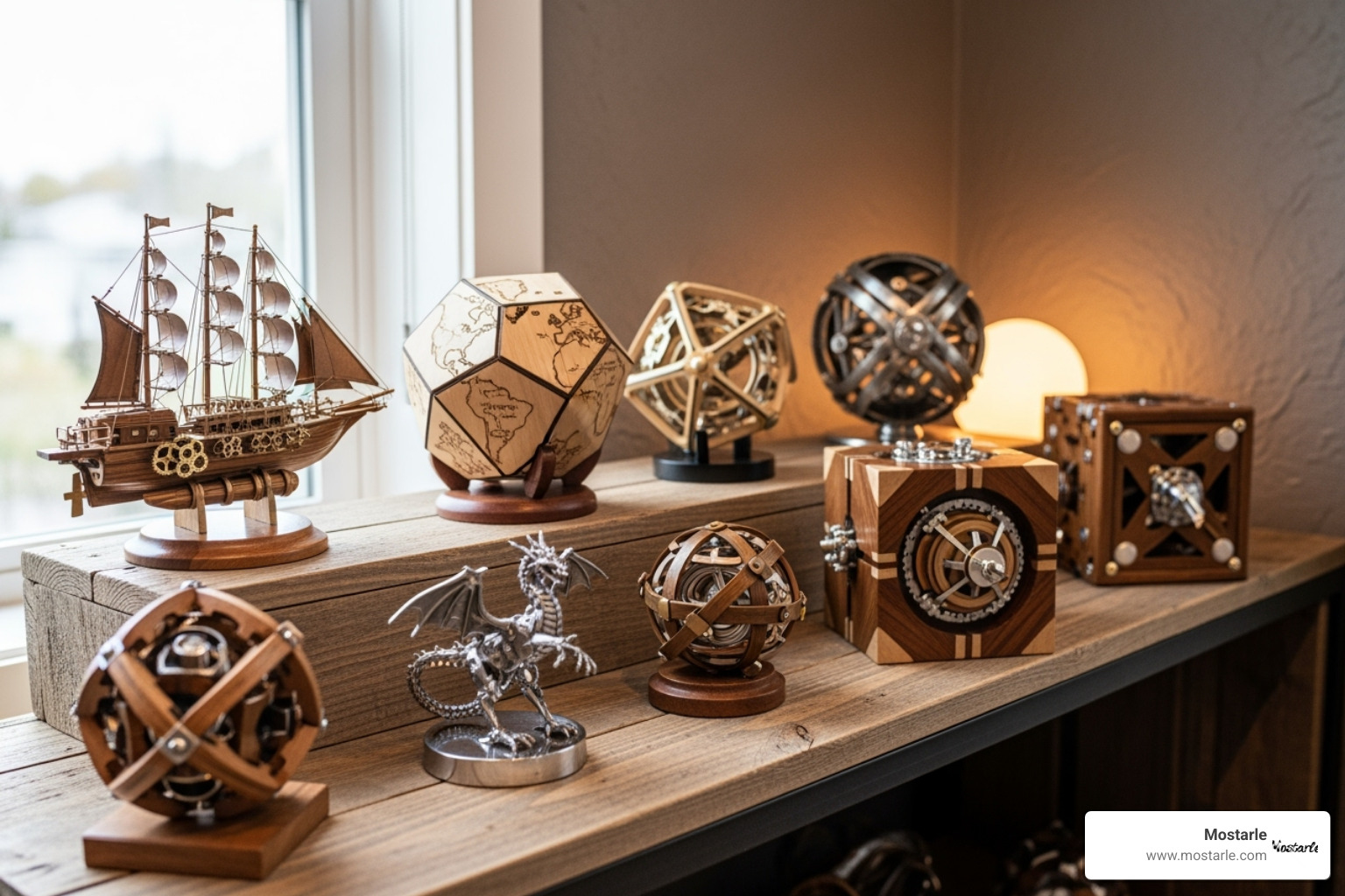 collection of assembled Mostarle 3D puzzles on a display shelf - 3d adult puzzle collection of assembled Mostarle 3D puzzles on a display shelf - 3d adult puzzle