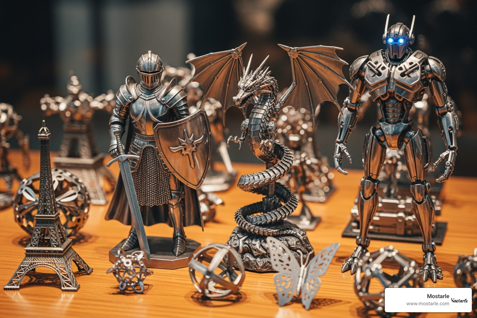 variety of themed Mostarle metal figurines and 3D puzzles, such as a knight, a dragon, and a sci-fi robot - metal figurines