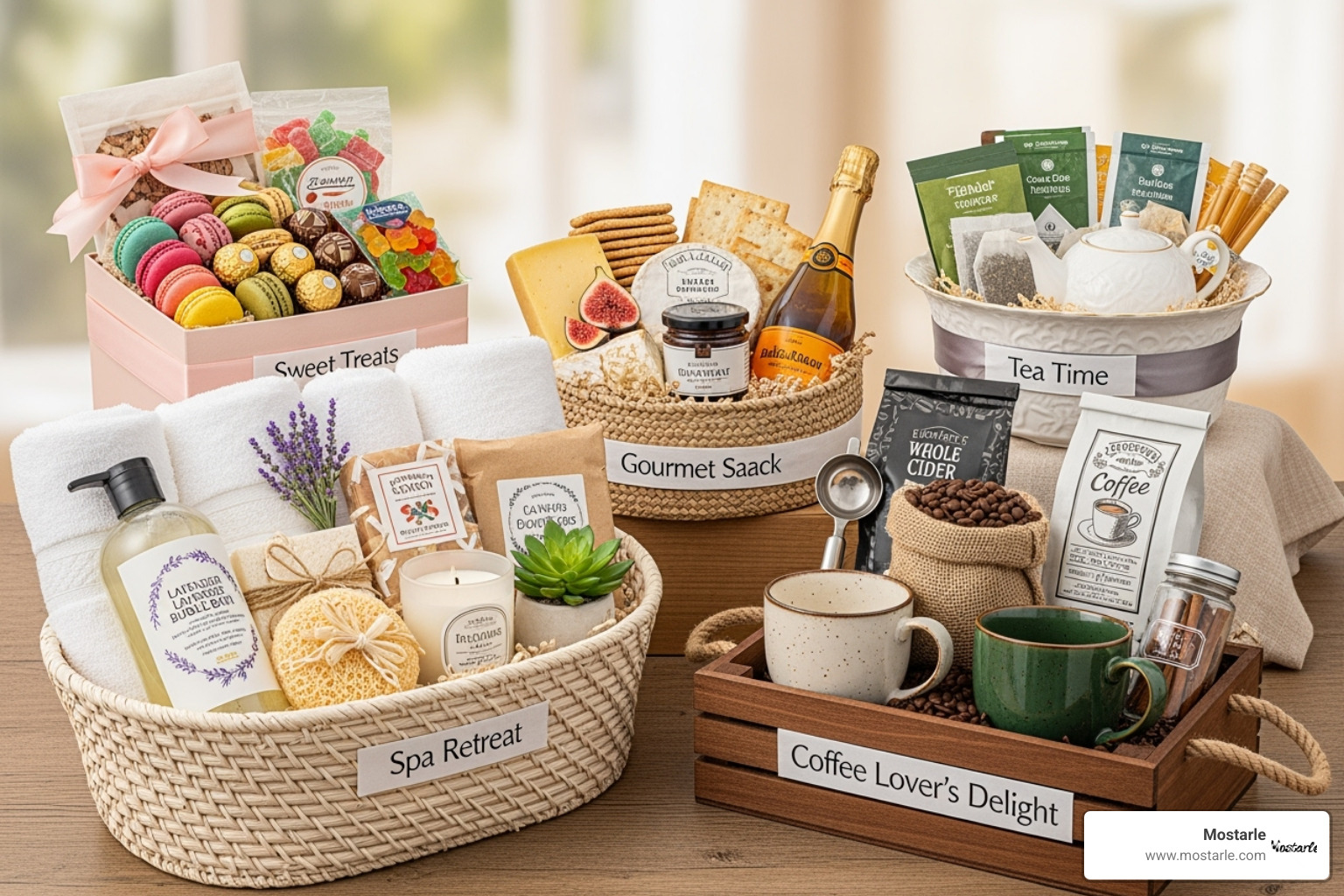 several themed gift baskets, such as a spa basket and a coffee lover's basket - unique christmas gift baskets