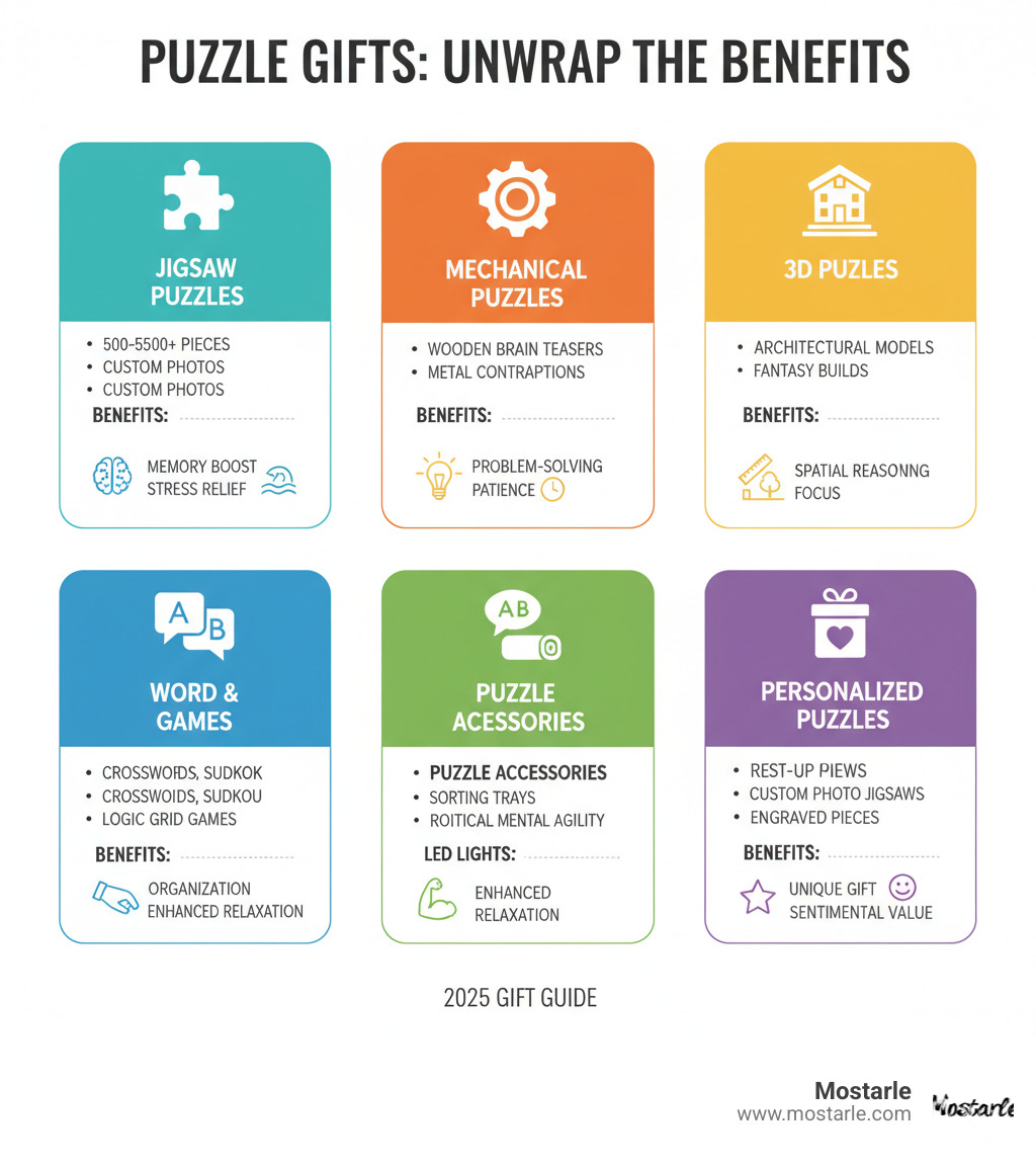 Comprehensive infographic showing different types of puzzle gifts organized by category, including jigsaw puzzles with piece counts, mechanical puzzle types, 3D models, word games, and puzzle accessories with their respective benefits for cognitive function and stress relief - puzzle gifts infographic 